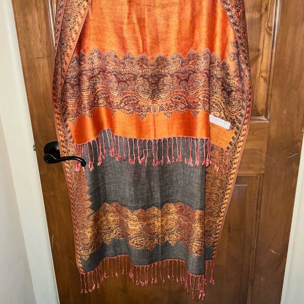 pashmina silk Orange red and Gray Patterned Fringe scarf wrap